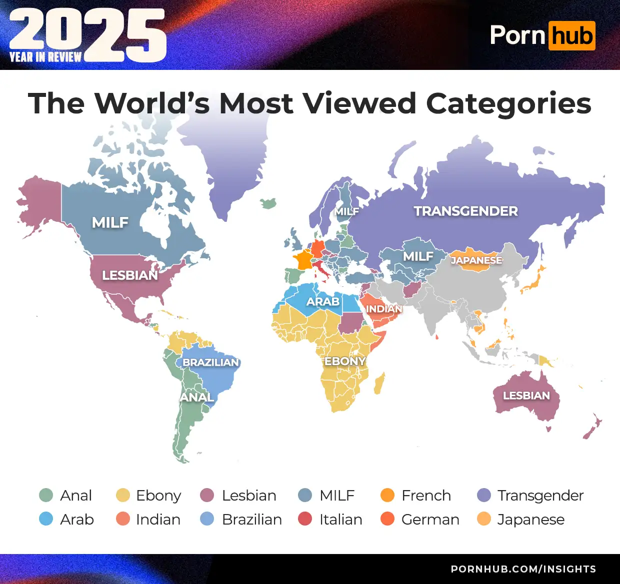 Pornhub выкатил итоги 2025 года — чаще всего смотрели категорию с...