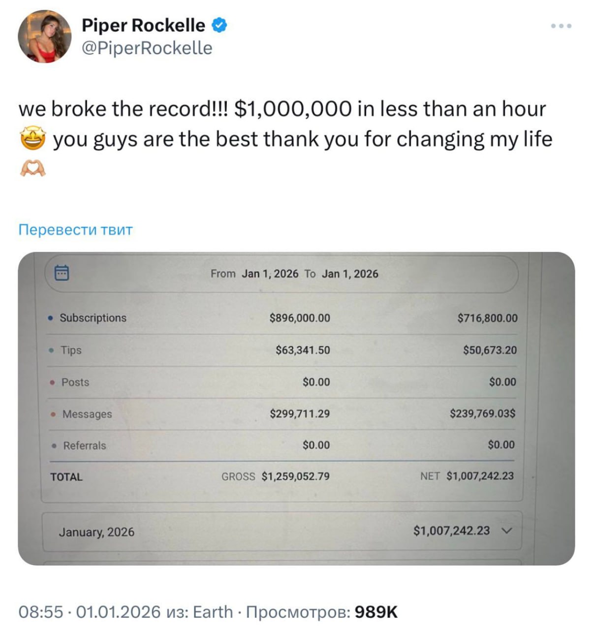 Пайпер Рокелль сорвала миллион на OnlyFans за час нюдсов