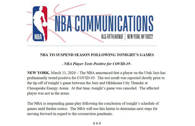 NBA приостанавливает сезон из-за пандемии коронавируса.
