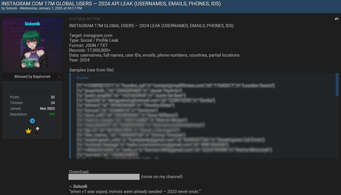 17,5 млн аккаунтов Instagram* слиты хакерами